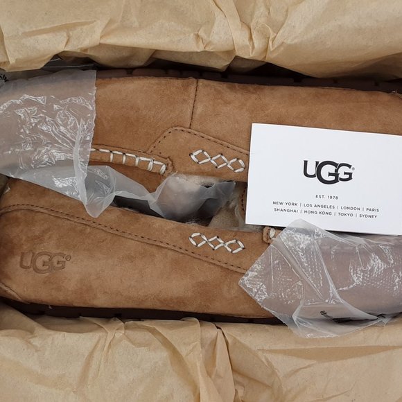 UGG 'ANSLEY' SHEARLING WOOL MOCCOSIAN SLIPPERS 'RICH CHESNUT' SUEDE - Picture 14 of 16